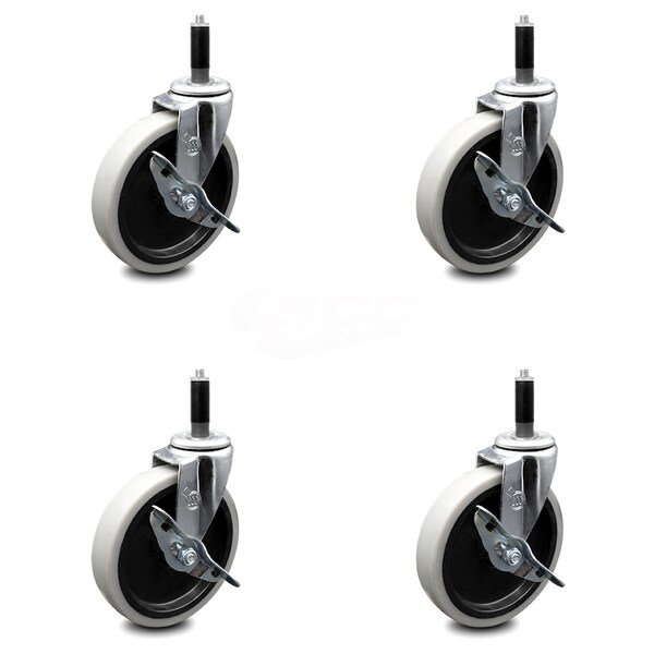 5 Inch Thermoplastic Wheel 7/8 Inch Expanding Stem Caster with Brakes, 4PK